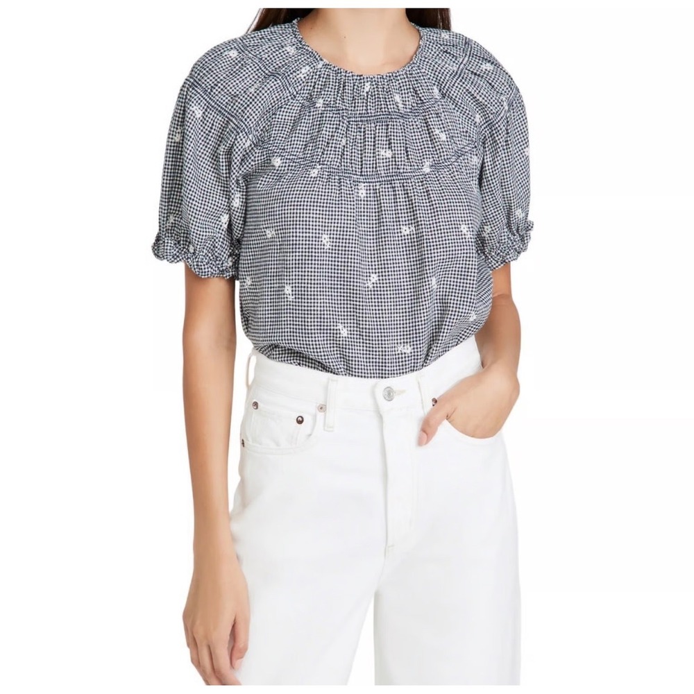 NEW Madewell Navy White Gingham Floral Shirred Puff Sleeve Linen Boxy Top Small